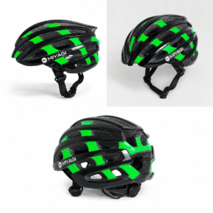 Casco para ciclismo de ruta Miyagi negro y verde talla M, vista lateral,frontal,posterior