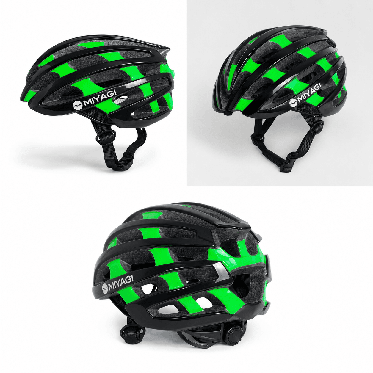 Casco para ciclismo de ruta Miyagi negro y verde talla M, vista lateral,frontal,posterior