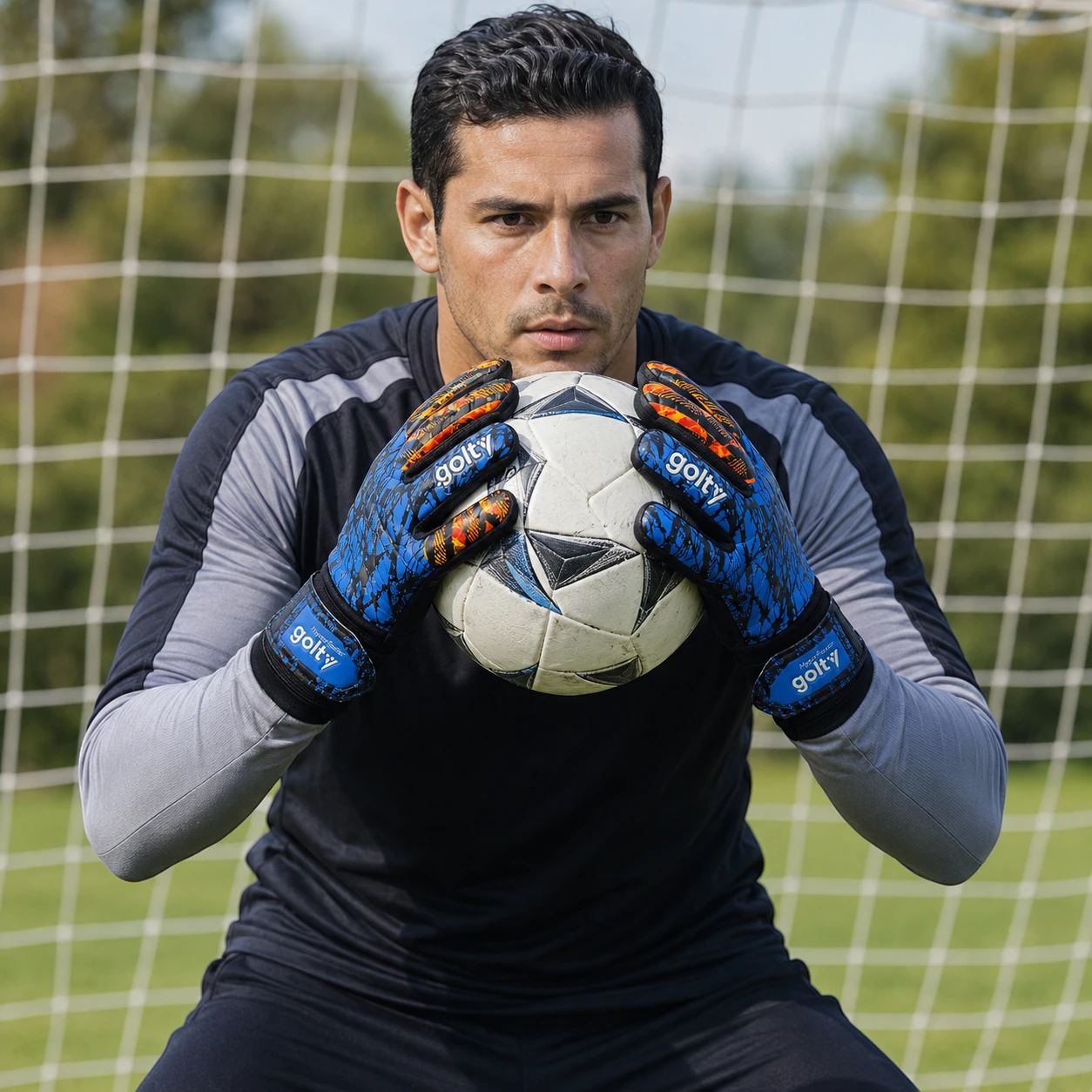 Arquero atrapando un balón con guantes Golty HyperFaster talla 10 azul y naranja