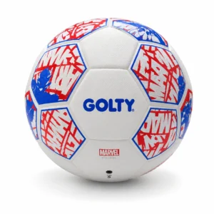 Balón de fútbol competencia Golty Marvel número 5 rojo y azul thermobonded sobre fondo blanco.