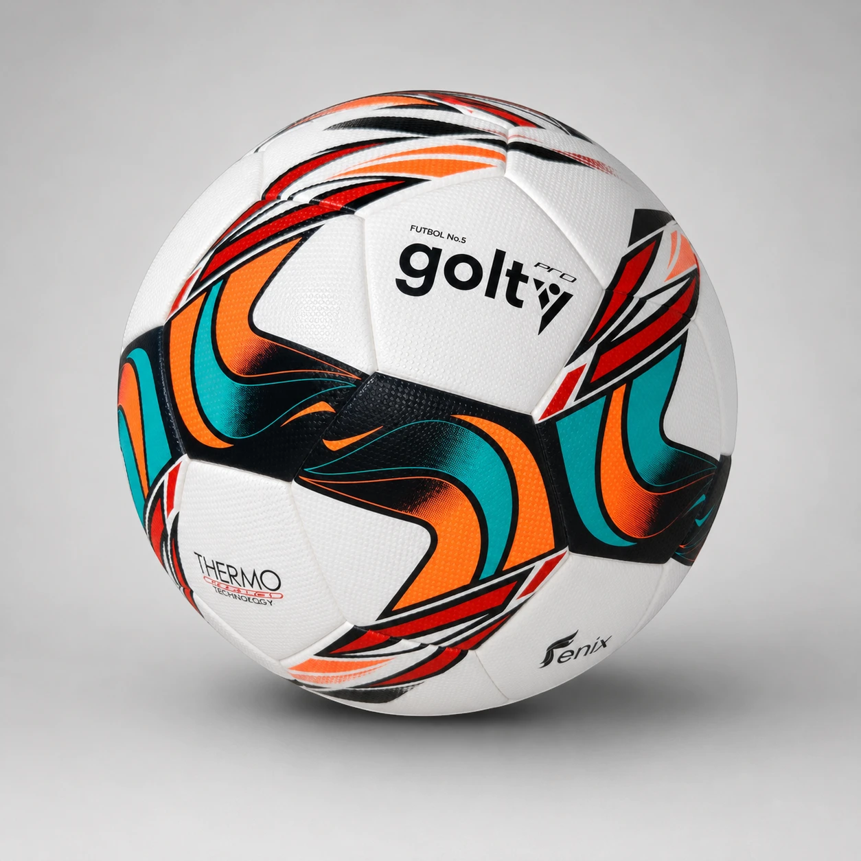 Detalle del balón Golty Fénix No. 5 blanco con paneles thermobonded y diseño multicolor.