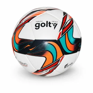Balón Golty Fénix No. 5 thermobonded blanco con detalles negros, naranjas y turquesa.