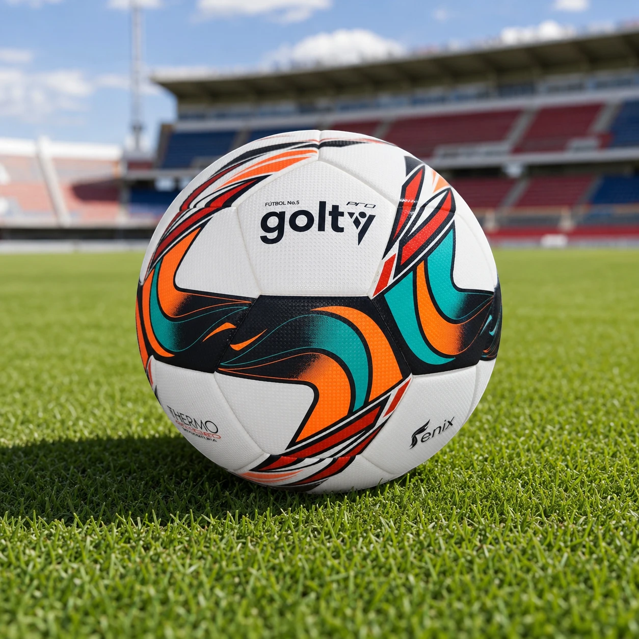 Balón de fútbol Golty Fénix número 5 thermobonded presentado sobre una cancha.
