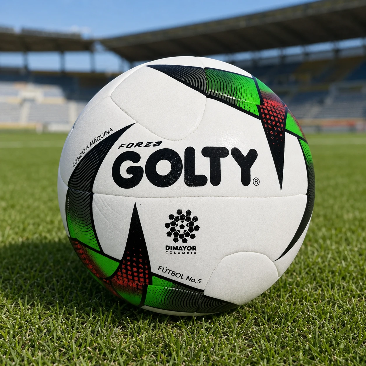 Balón de fútbol Golty Forza Réplica número 5 presentado sobre una cancha deportiva.