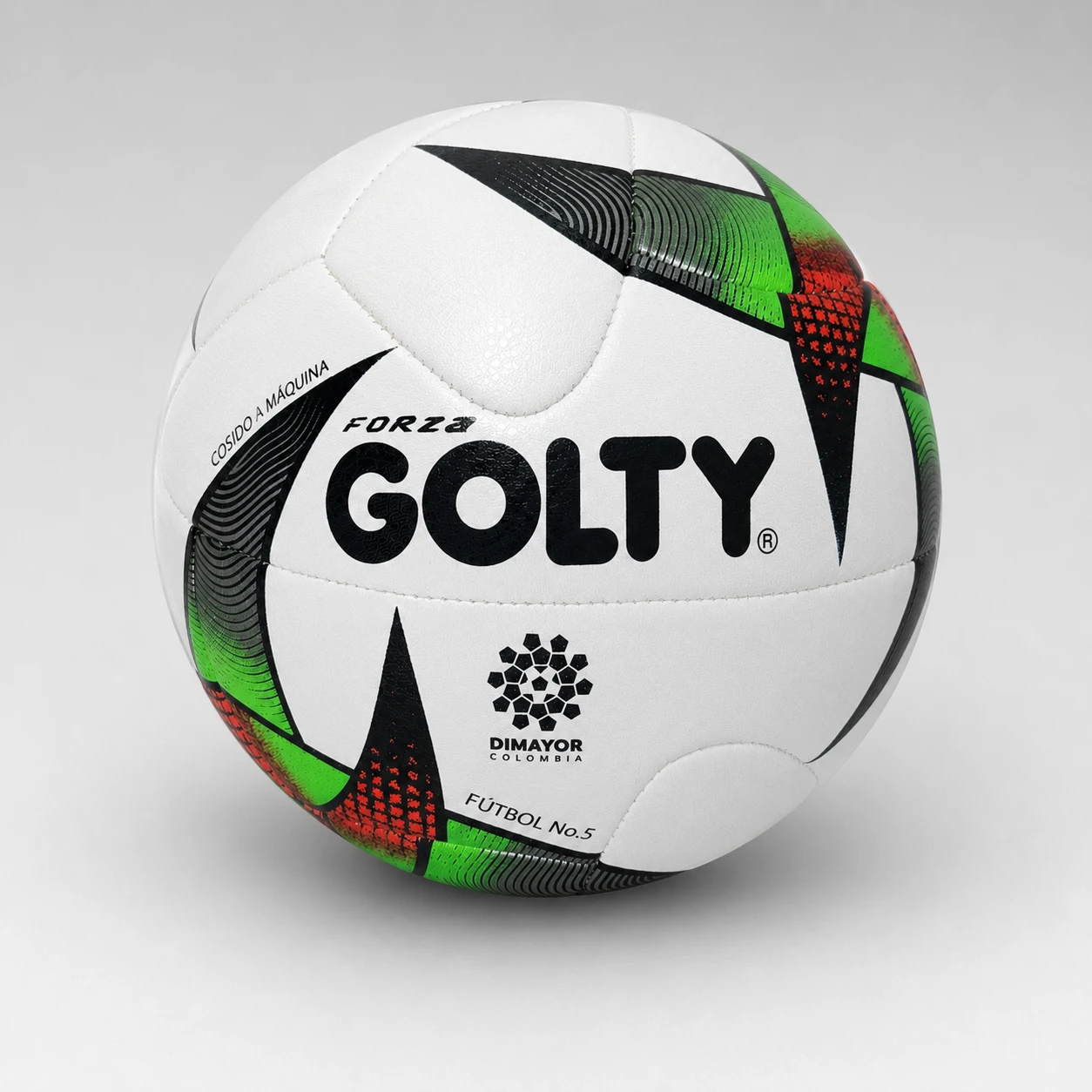 Detalle del balón Golty Forza Réplica No. 5 con paneles cosidos y diseño multicolor.