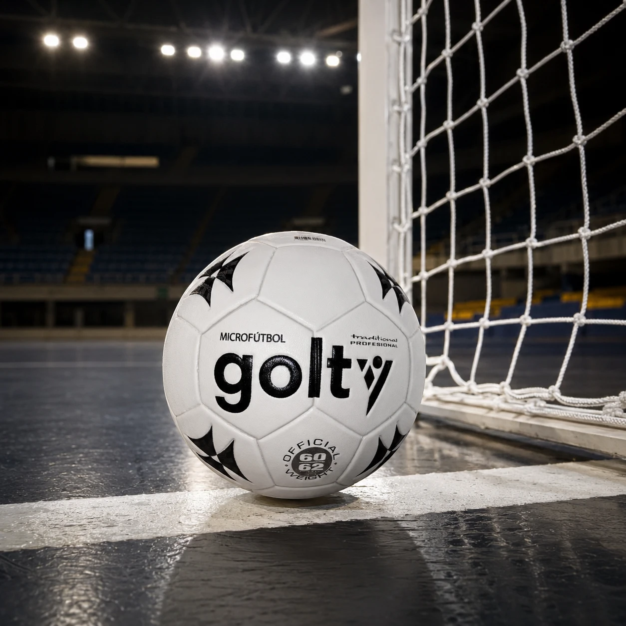 Balón Golty Traditional blanco junto a una portería de microfútbol.