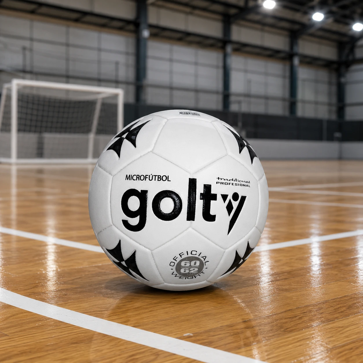Balón Golty Traditional blanco junto a una portería de microfútbol.