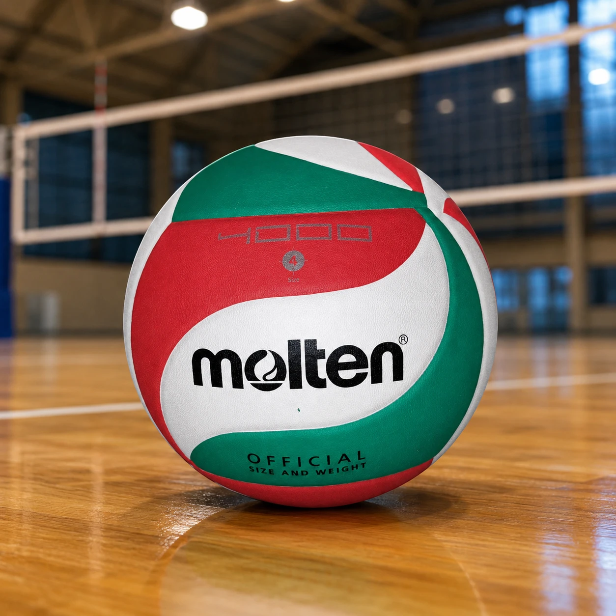 Balón de minivóley Molten V4M4000 sobre cancha cubierta.