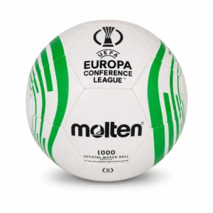 Balón Molten UEFA Conference League F5C1000 número 5, blanco con gráficos verdes.