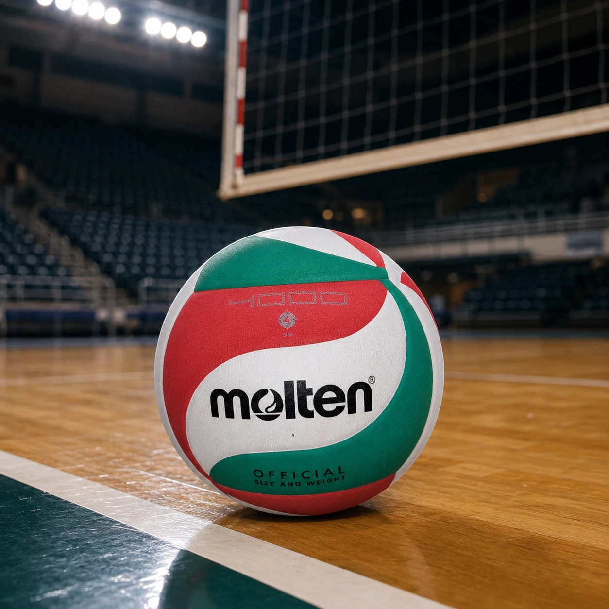 Balón de minivóley Molten V4M4000 sobre cancha cubierta.
