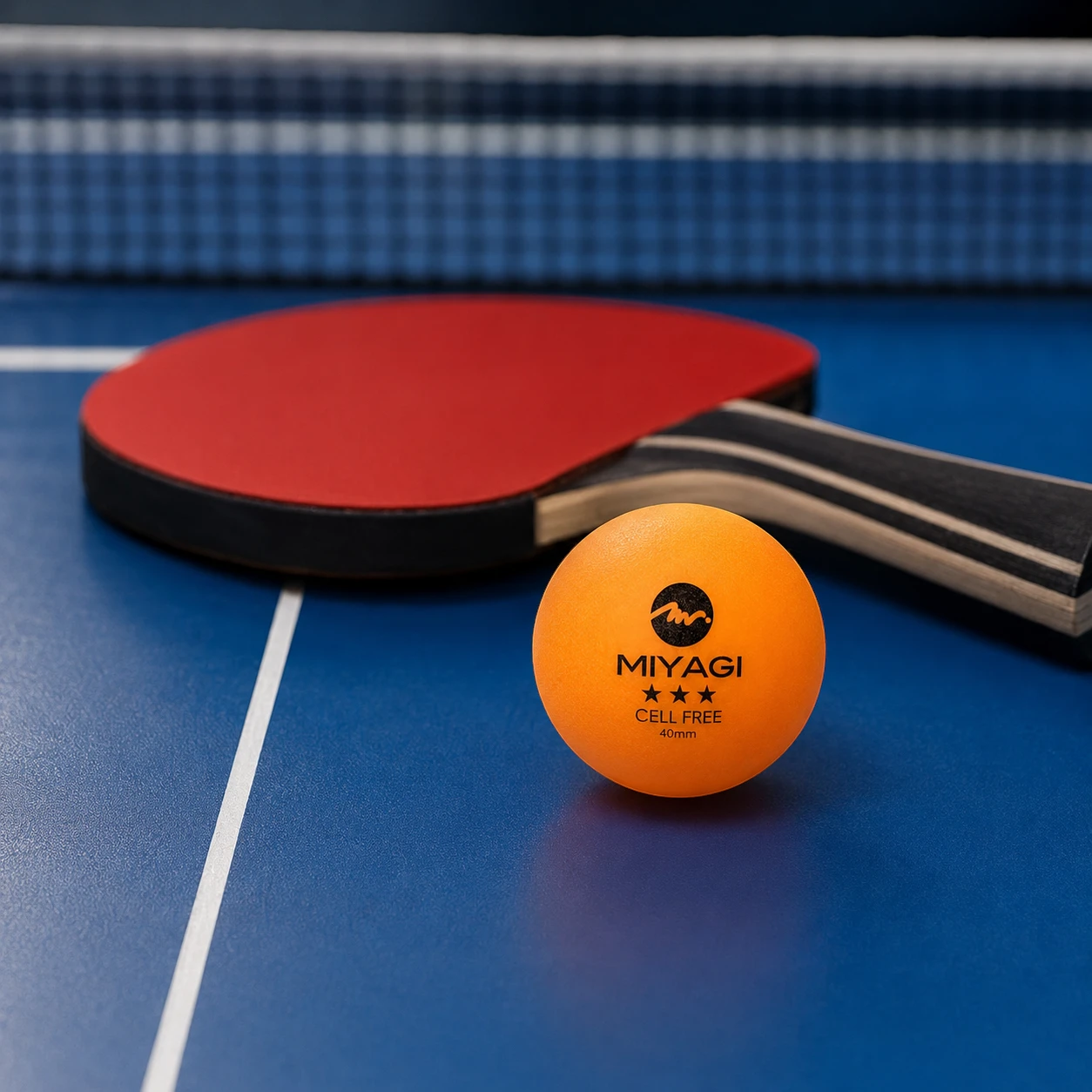 Bola de tenis de mesa Miyagi Tournament naranja de 40 mm junto a una raqueta