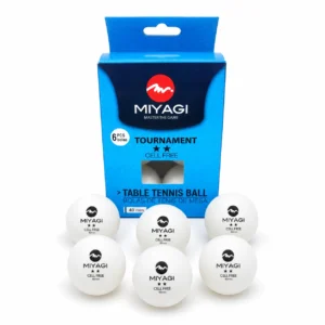 Empaque de seis bolas de tenis de mesa Miyagi Tournament 2 estrellas blancas de 40 mm