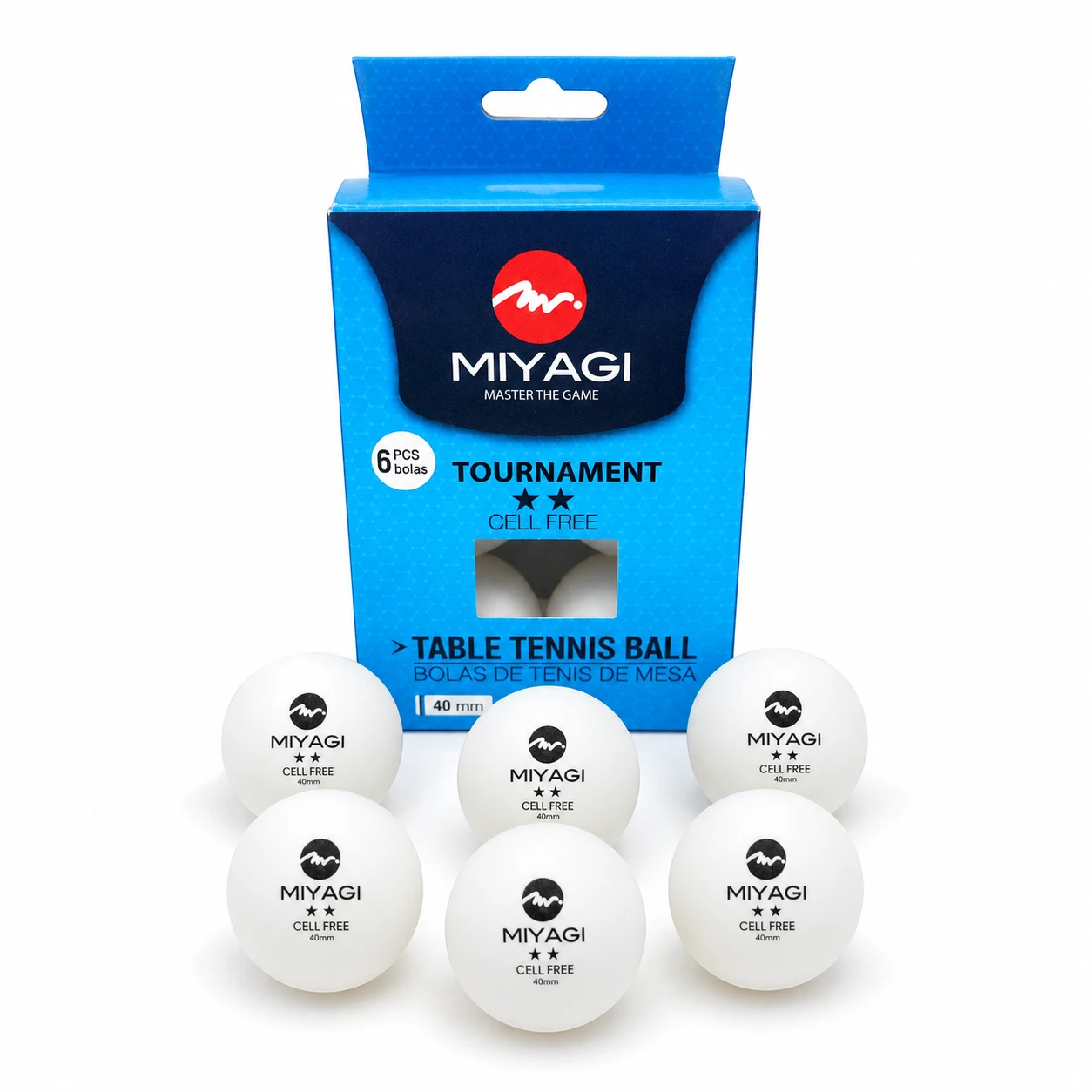 Empaque de seis bolas de tenis de mesa Miyagi Tournament 2 estrellas blancas de 40 mm