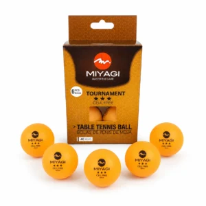 Empaque de seis bolas de tenis de mesa Miyagi Tournament 3 estrellas naranjas de 40 mm