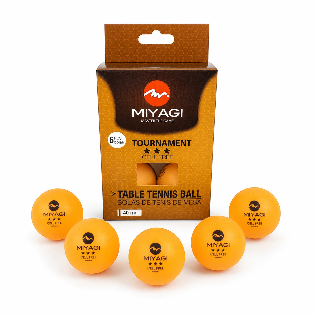 Empaque de seis bolas de tenis de mesa Miyagi Tournament 3 estrellas naranjas de 40 mm