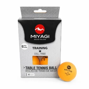 Caja con seis bolas de tenis de mesa Miyagi Training 1 estrella, naranjas y de 40 mm.