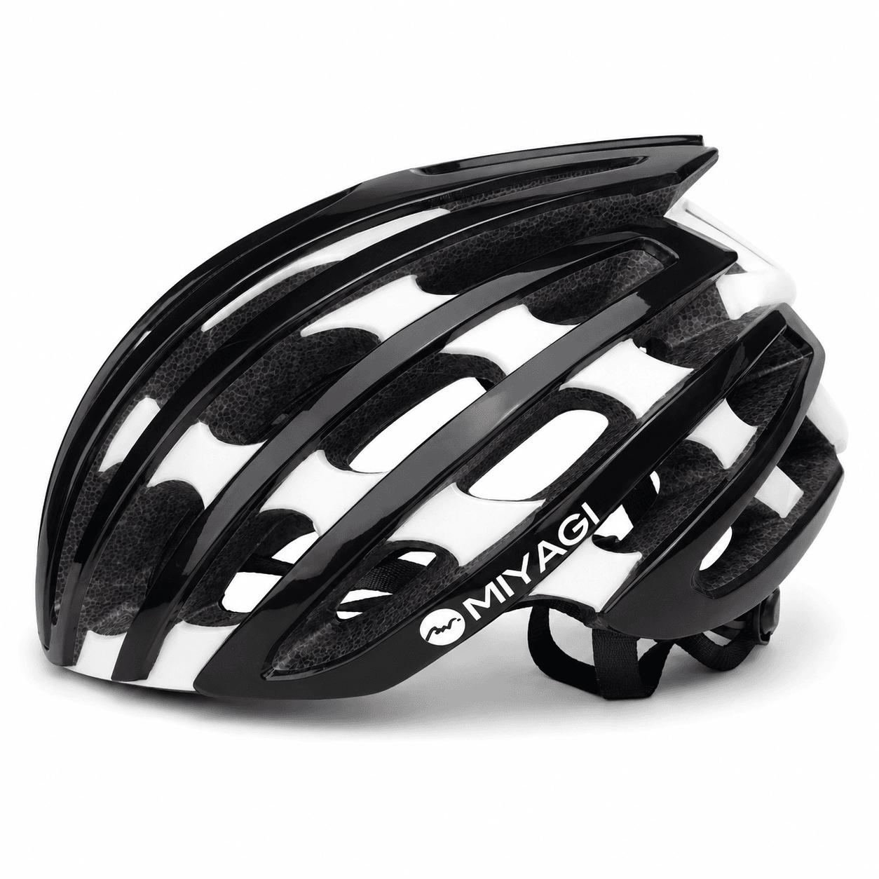 Casco de ruta Miyagi negro y blanco para ciclismo visto de frente