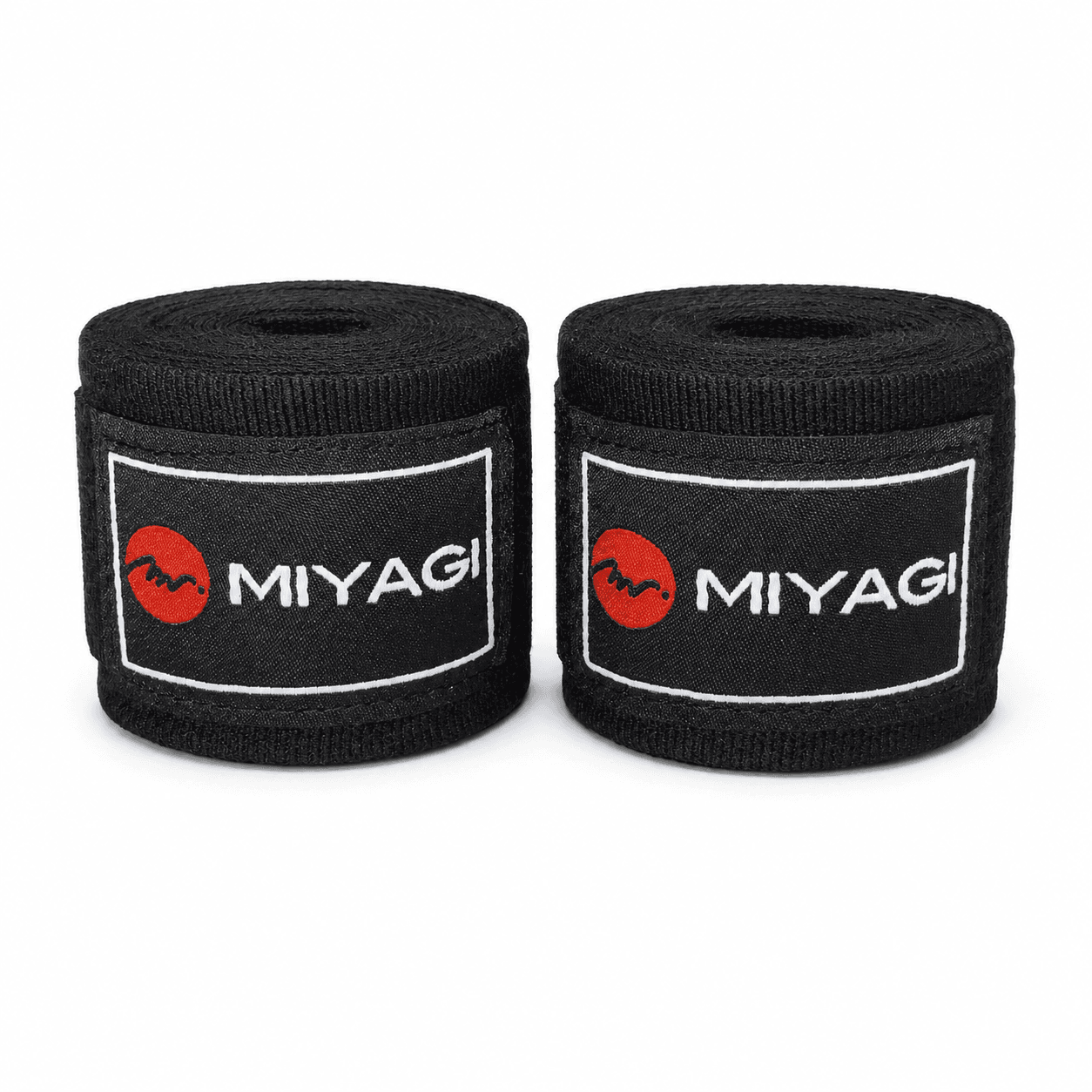 Par de cintas para boxeo Miyagi negras de 4 metros enrolladas