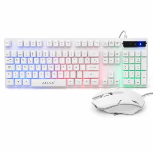 Teclado y mouse gamer AOAS M-400 blancos sobre fondo blanco.