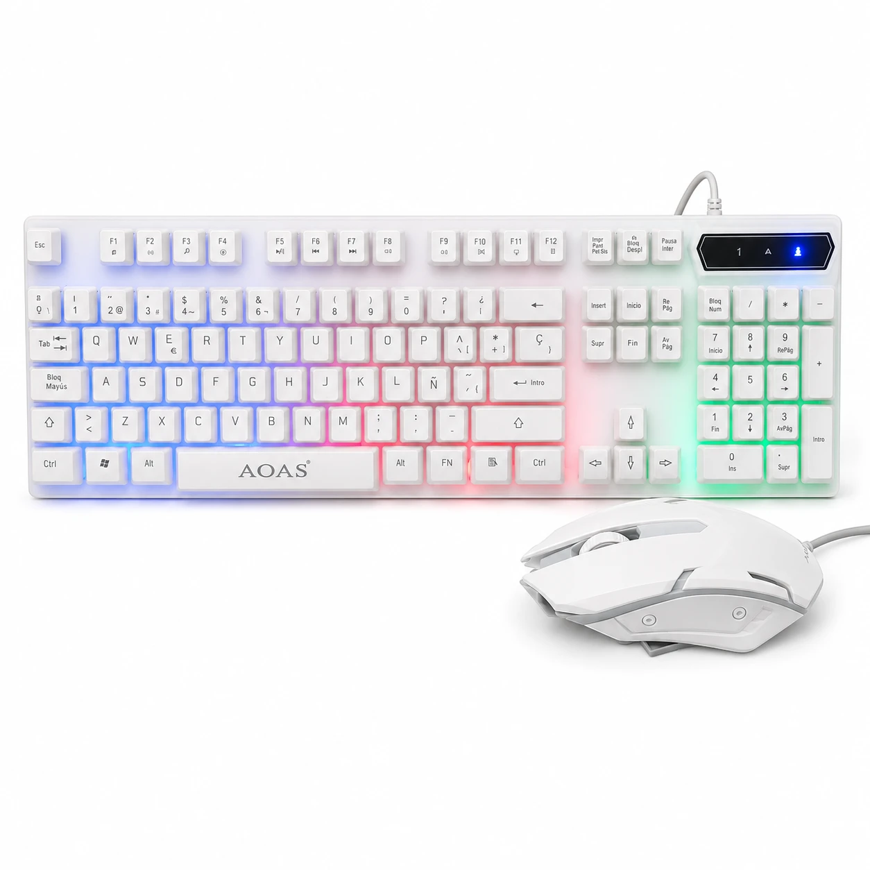Teclado y mouse gamer AOAS M-400 blancos sobre fondo blanco.