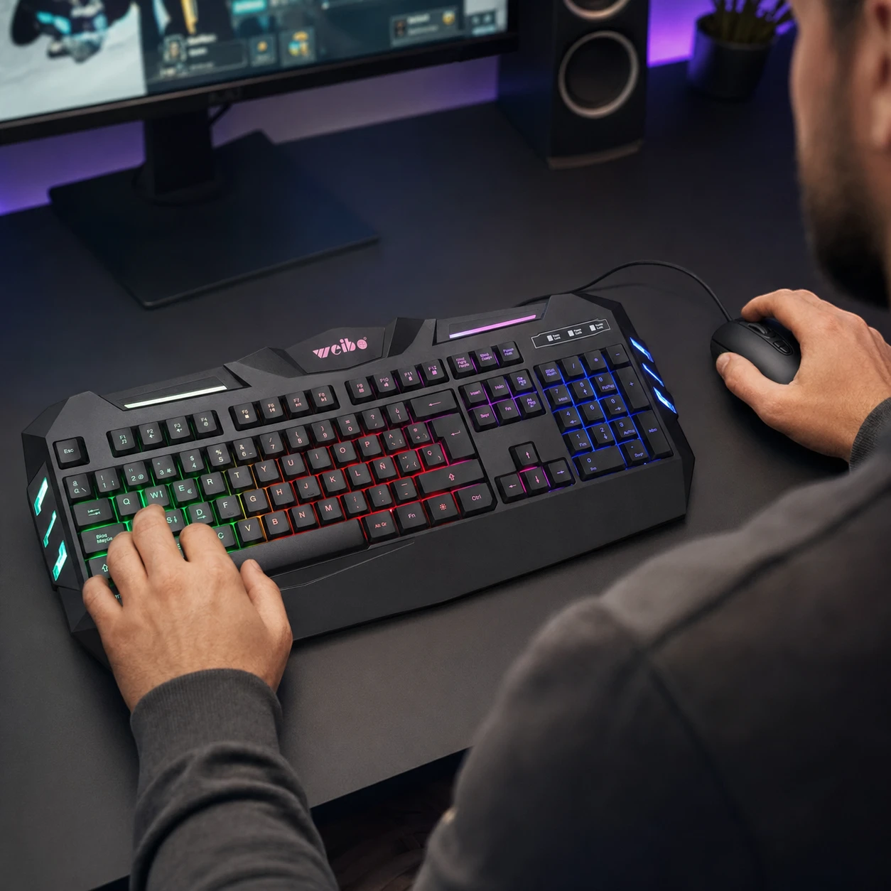 Combo Gamer Weibo WB-520 Teclado Multimedia y Mouse USB con Luz Multicolor - Imagen 3