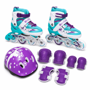 Combo de patines ajustables OnWheels 8101 verde con casco morado y kit de protecciones