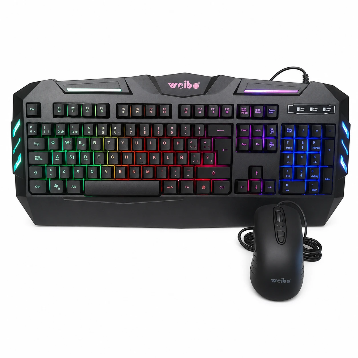 Combo gamer Weibo WB-520 con teclado multimedia iluminado y mouse USB negro.