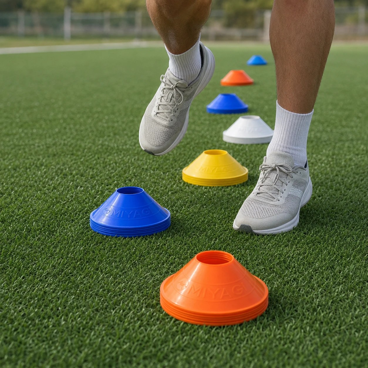 Conos platillo Miyagi de colores utilizados en un circuito deportivo de agilidad