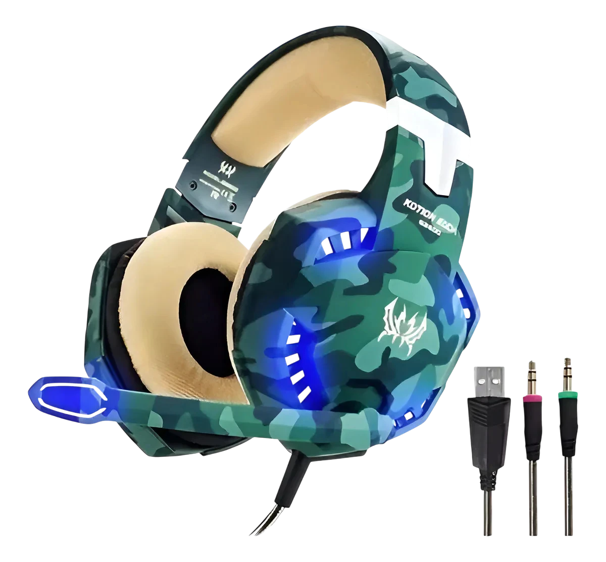 Diadema gamer Kotion Each G2600 camuflada con micrófono y almohadillas beige alumbrando