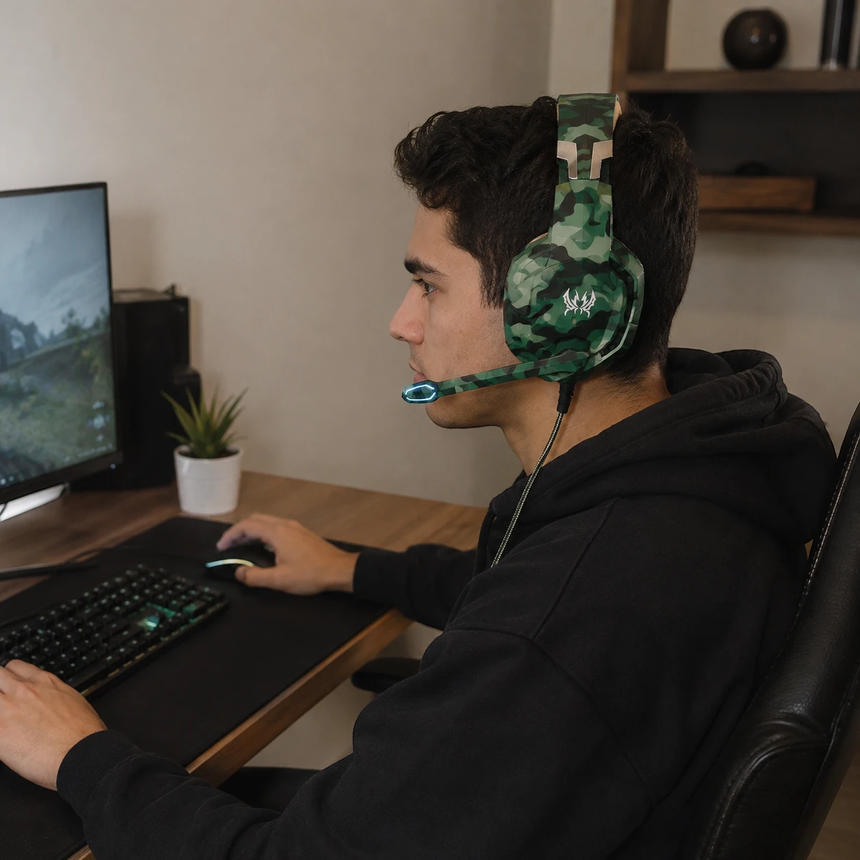 Persona utilizando la diadema gamer Kotion Each G2600 camuflada frente a un computador.