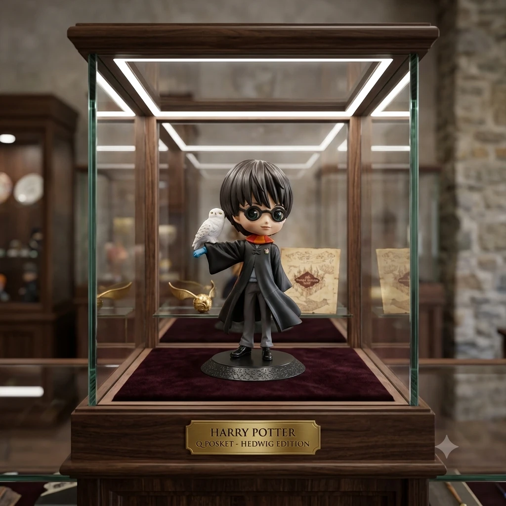 Figura coleccionable Harry Potter con Hedwig exhibida en vitrina