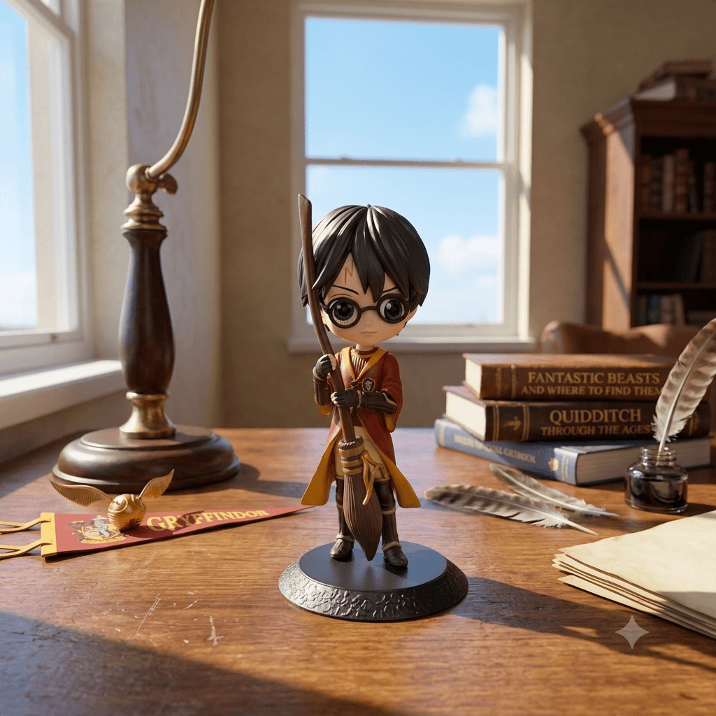 Figura Harry Potter Quidditch con escoba exhibida en una vitrina