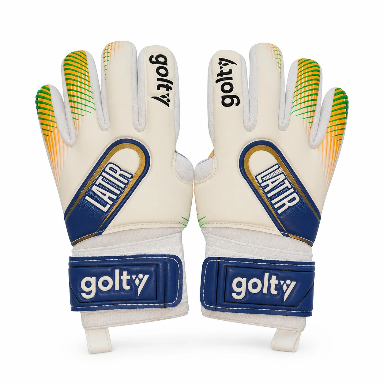 Guantes de arquero Golty Latir talla 6 blancos con detalles azules, dorados, verdes y naranja