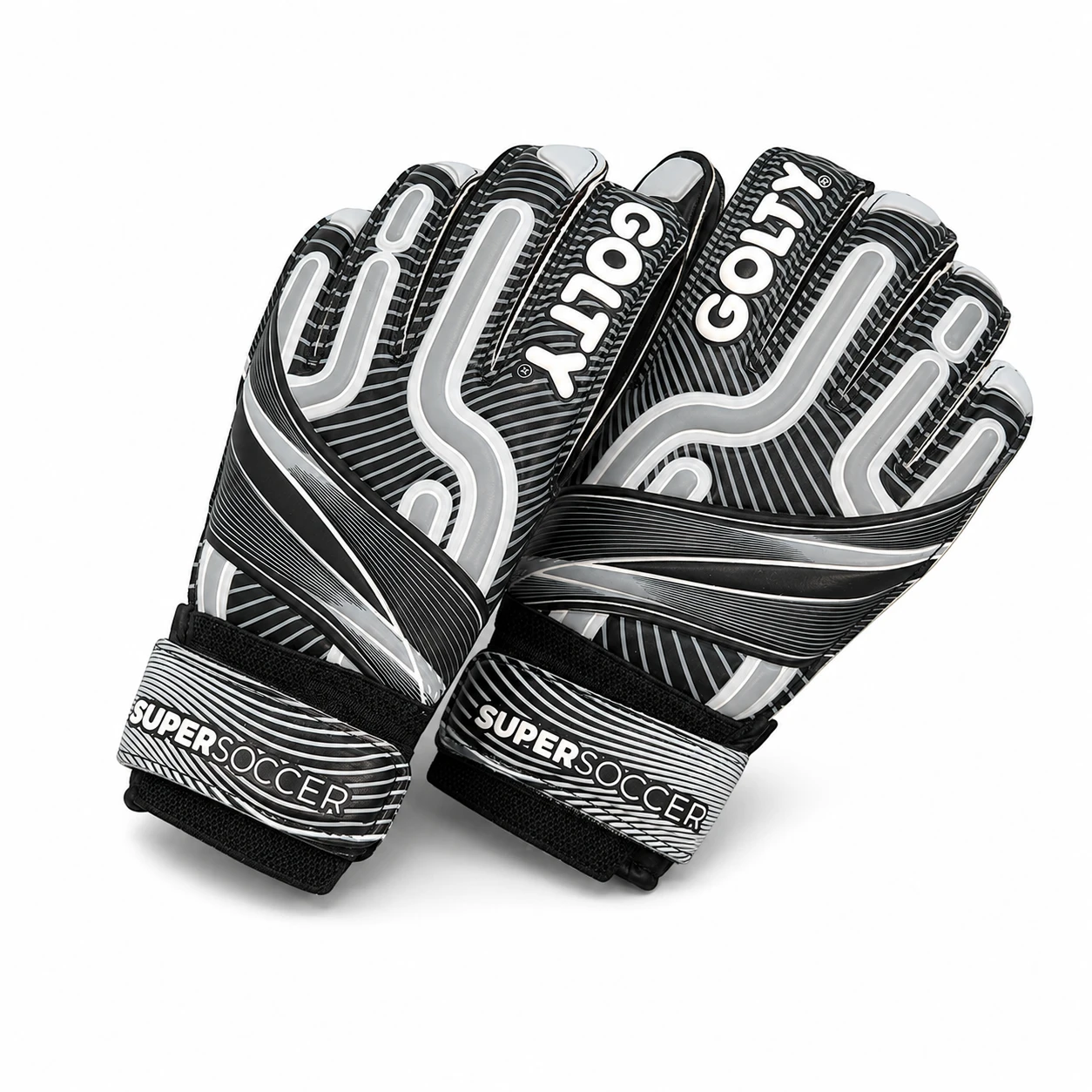 Par de guantes Golty SuperSoccer II gris y negro en vista diagonal