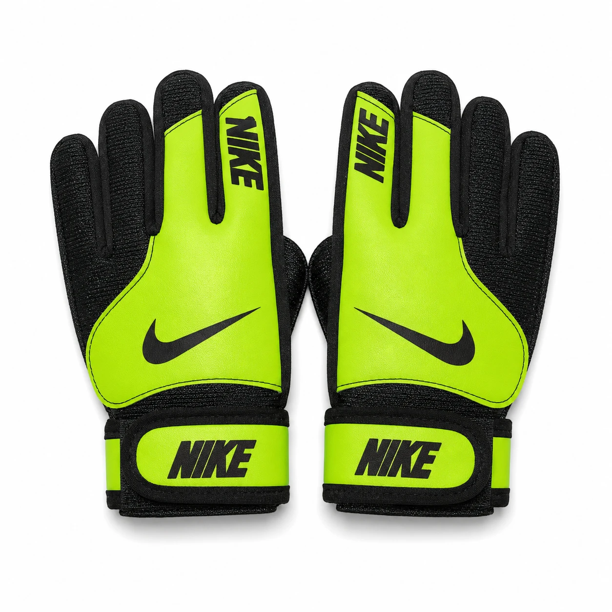 Par de guantes de arquero con logo talla 8 en colores verde neón y negro sobre fondo blanco.