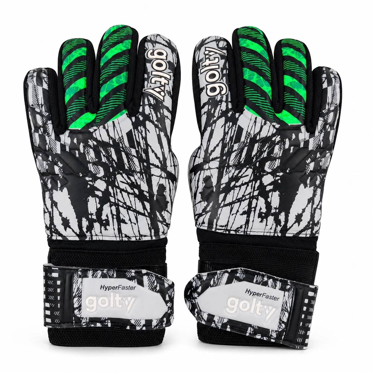 Guantes Golty HyperFaster talla 10 negro, blanco y verde sobre fondo blanco