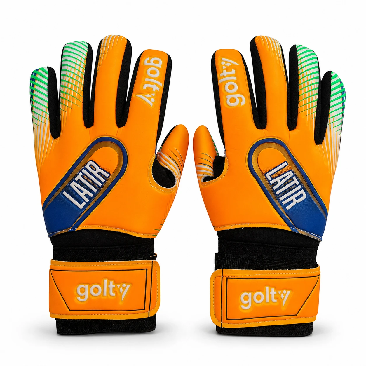Guantes Golty Latir talla 10 naranja y azul sobre fondo blanco