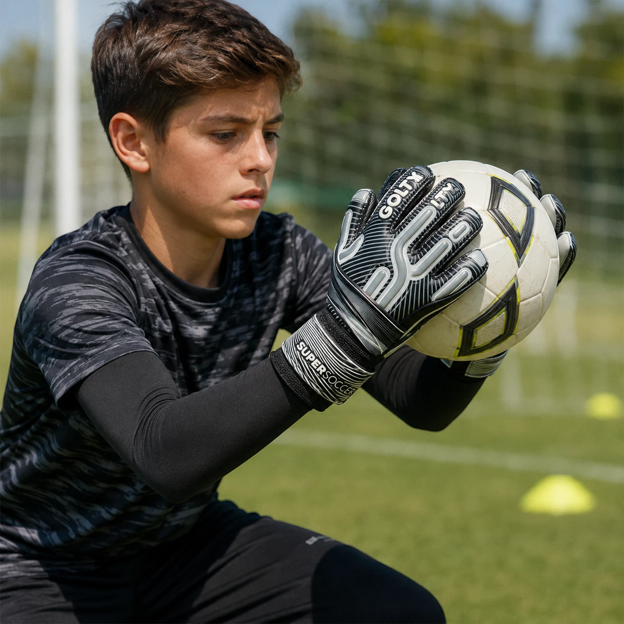 Joven arquero usando guantes Golty SuperSoccer II durante un entrenamiento