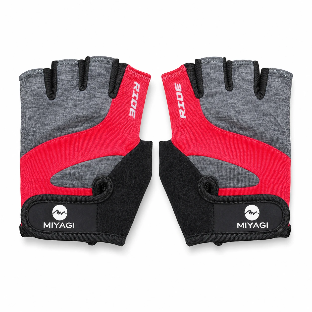 Par de guantes deportivos Miyagi 61011B gris, negro y rosado sobre fondo blanco