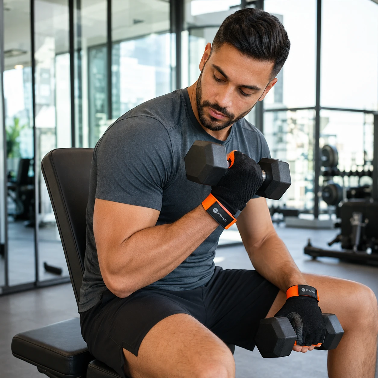 Persona usando guantes de gimnasio Miyagi M16-8821 naranja durante un ejercicio con mancuernas