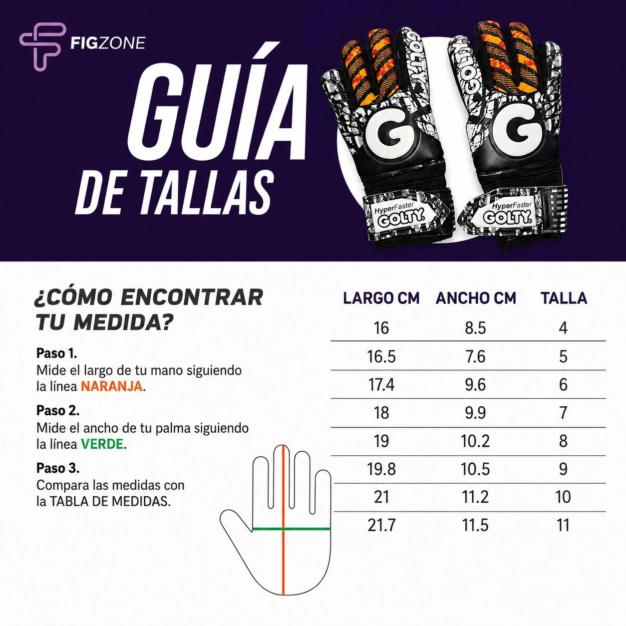 Guía de tallas para guantes de arquero Golty HyperFaster con medidas de largo y ancho de la mano