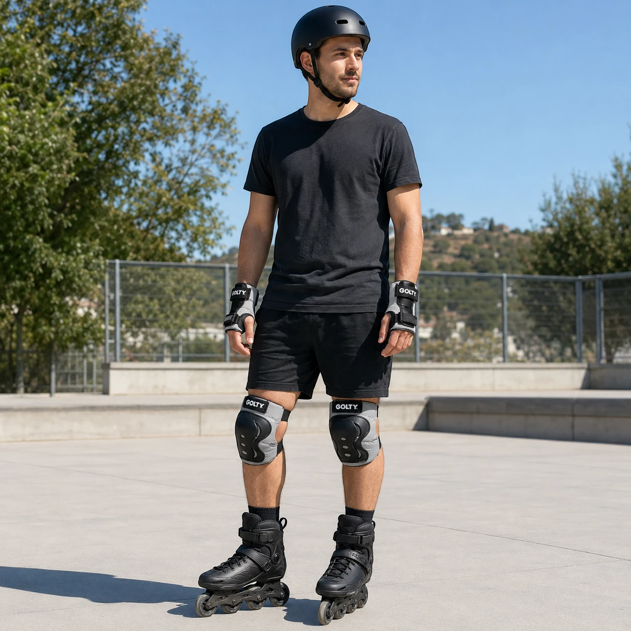 Patinador adulto usando protecciones Golty Skate Max negro y gris
