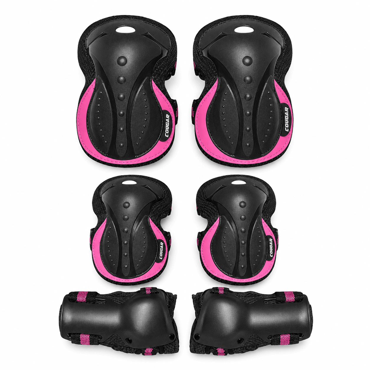 Rodilleras, coderas y protectores de muñeca Cougar negros con detalles rosados