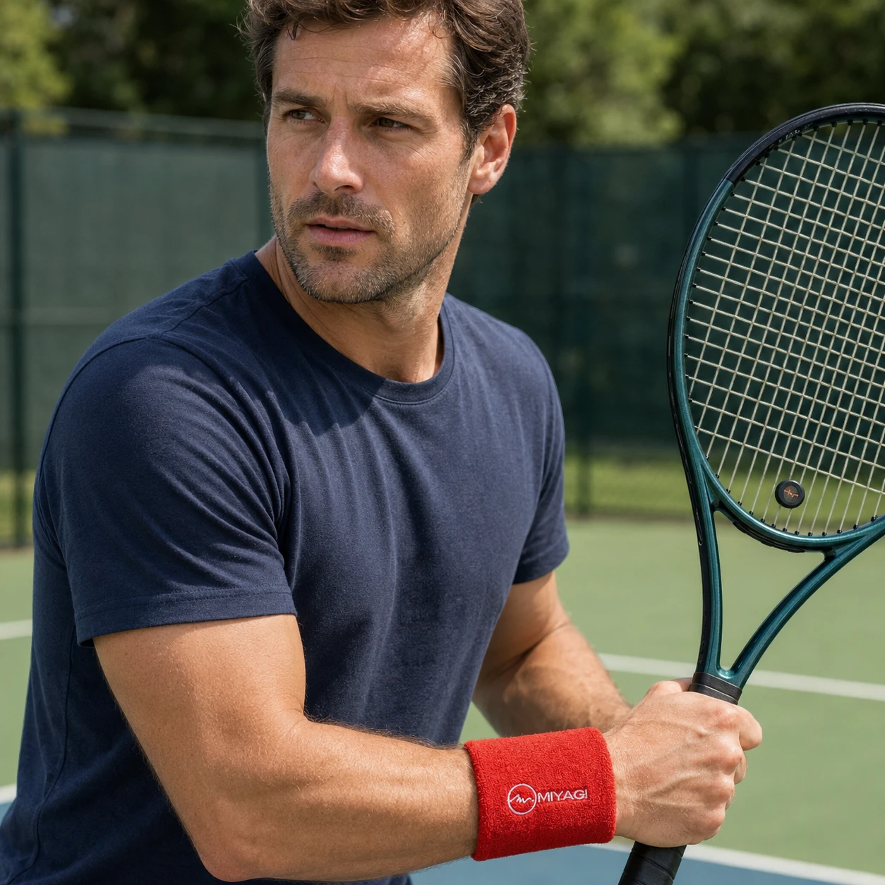 Deportista usando muñequera de toalla Miyagi roja durante práctica de tenis