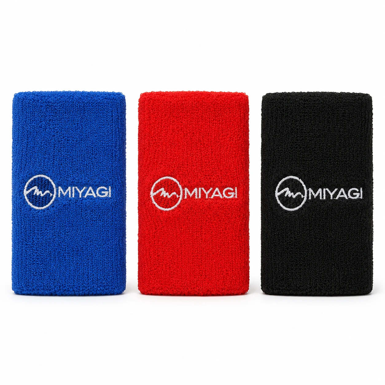 Muñequeras de toalla Miyagi de 6 pulgadas en colores azul, rojo y negro