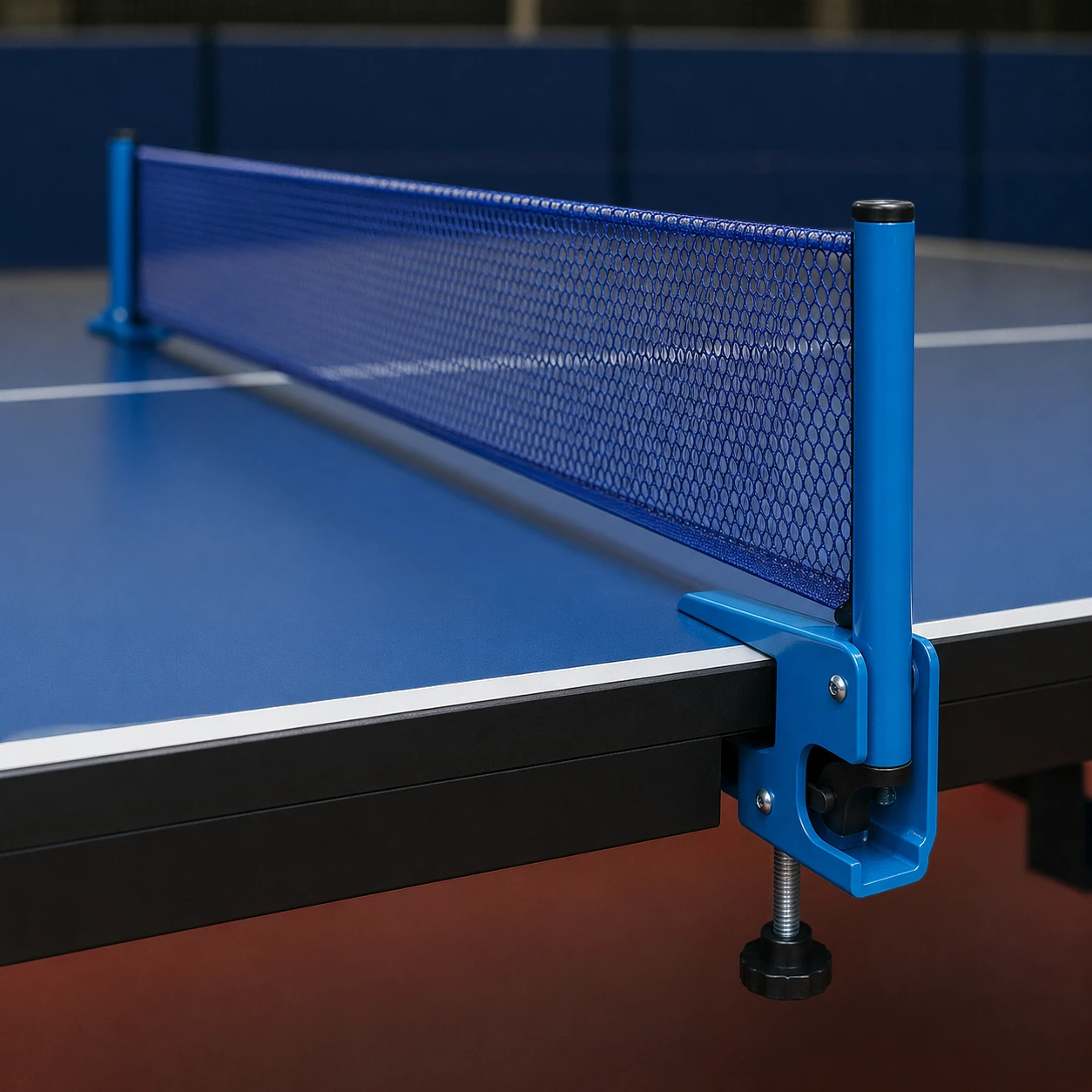 Parales y malla para tenis de mesa Miyagi azul instalados sobre una mesa