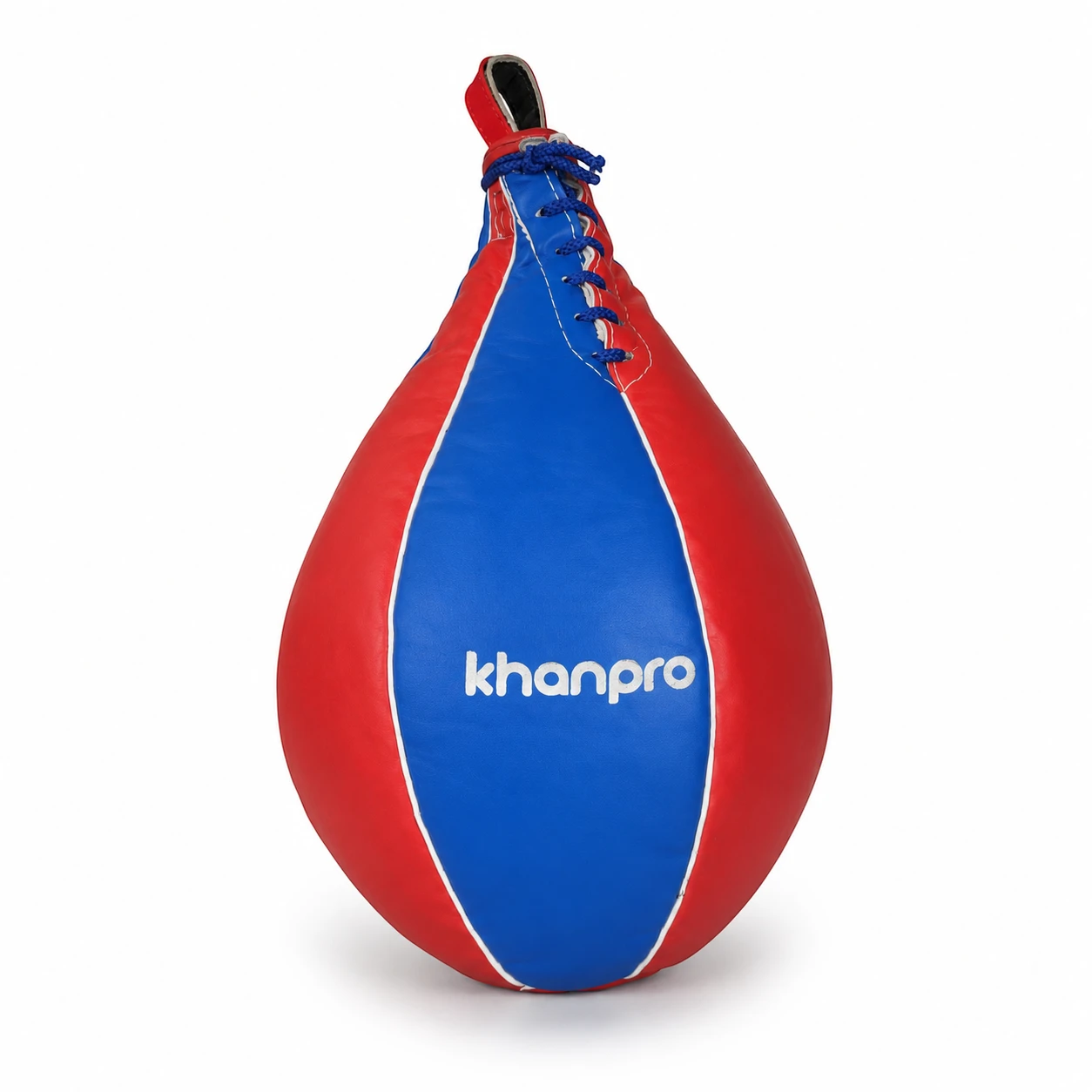 Pera de velocidad para boxeo Khanpro roja y azul vista frontal sobre fondo blanco