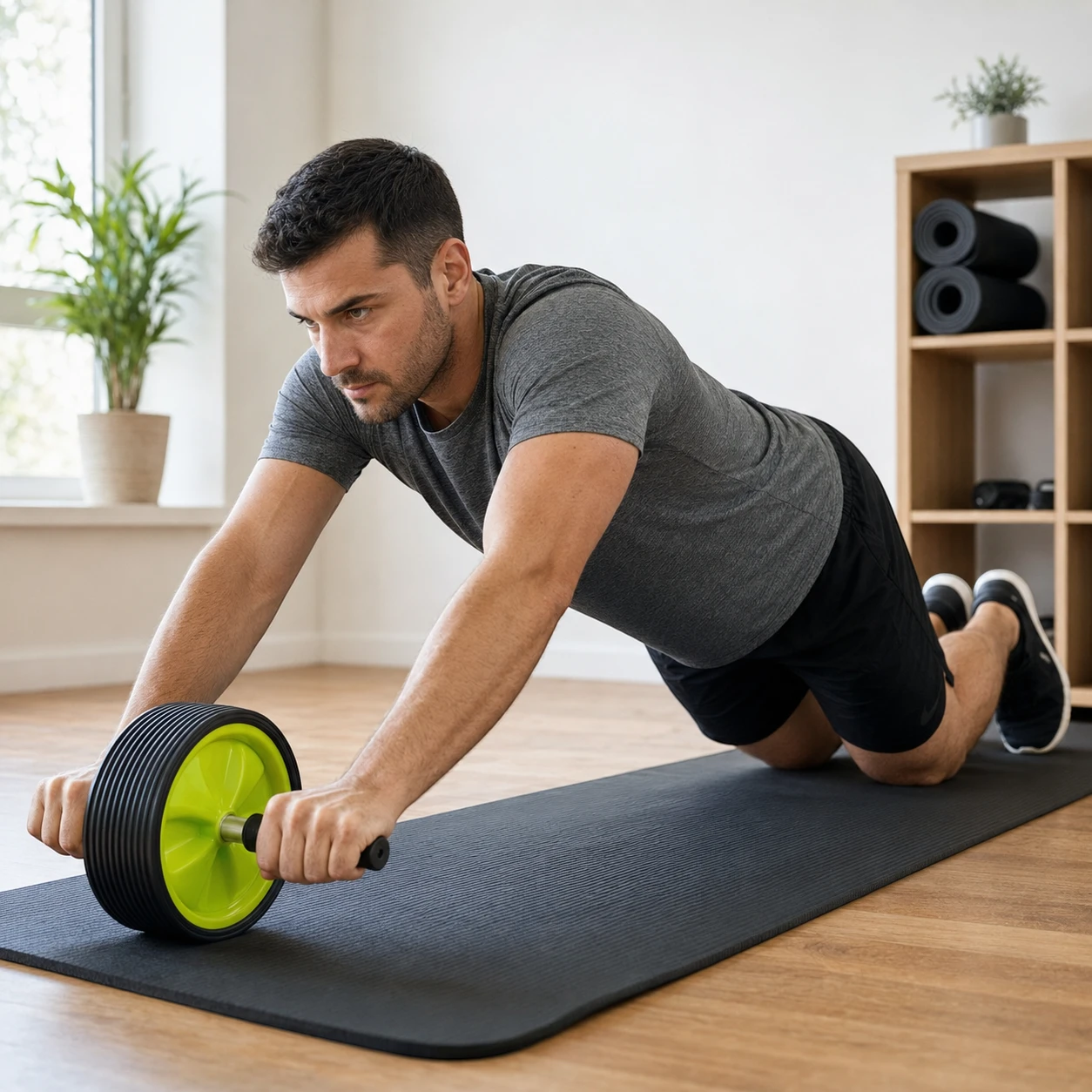 Persona usando rueda abdominal Miyagi M97748 sobre colchoneta de ejercicio