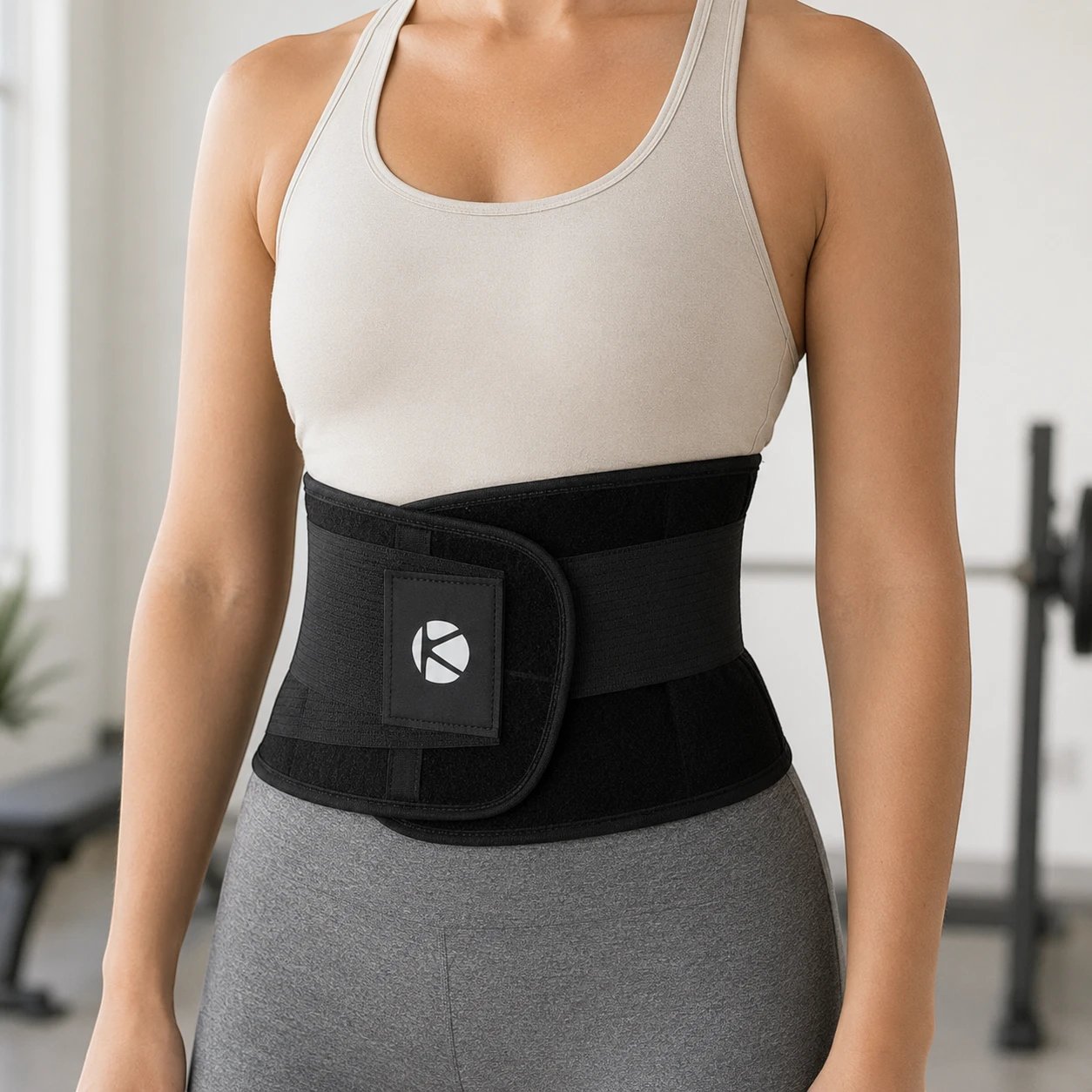 Persona adulta utilizando soporte lumbar Khanpro K833 negro talla L durante una actividad cotidiana