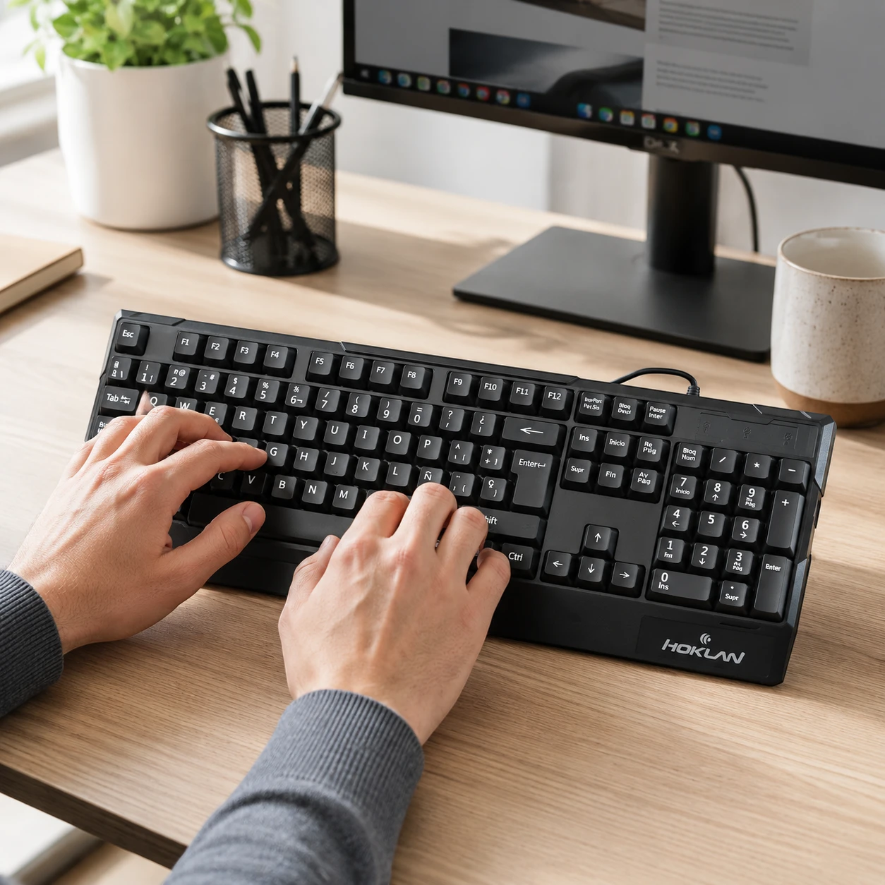 Teclado Hoklan HK-K2642 en uso sobre escritorio de oficina